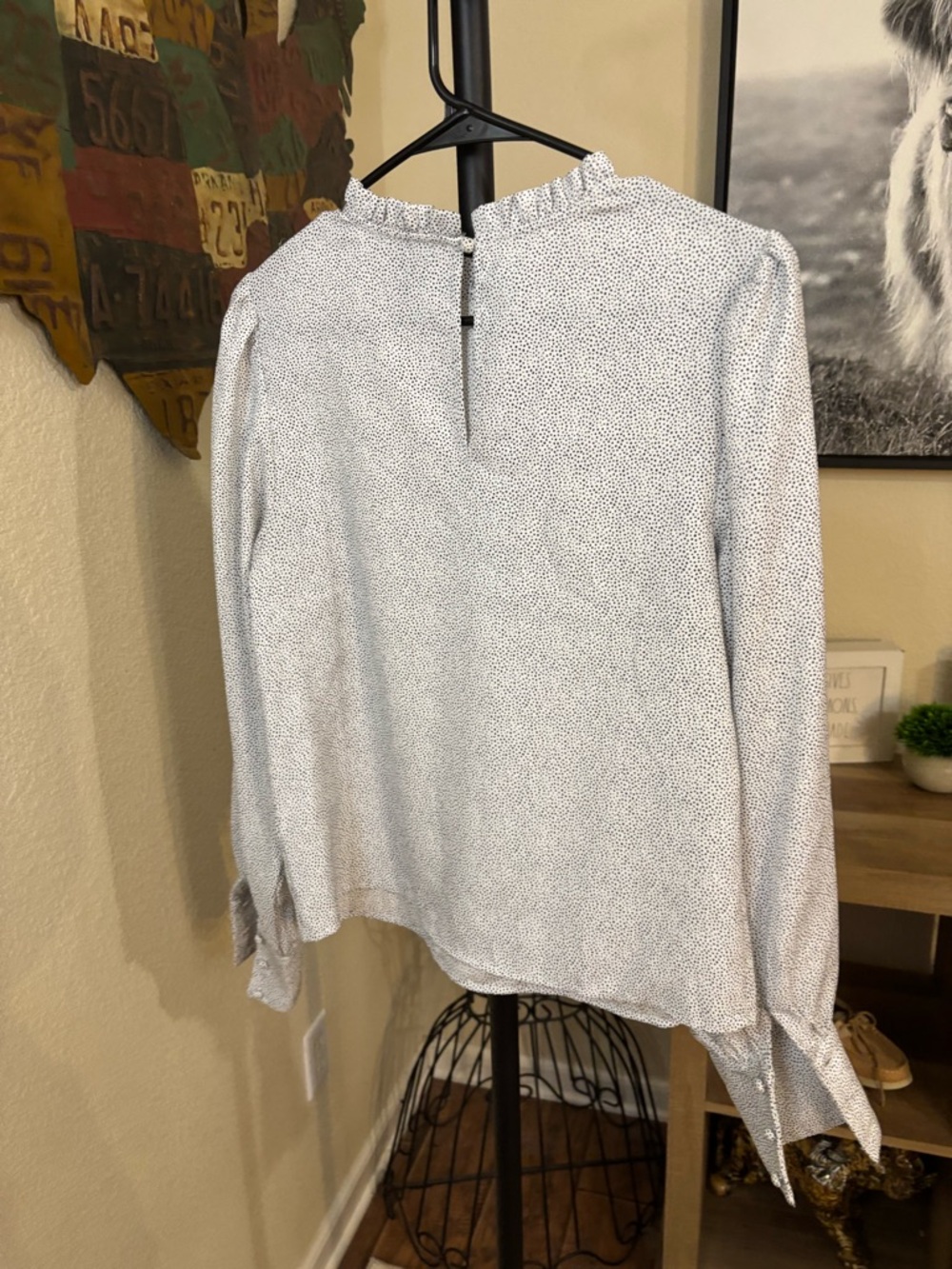 High-Neck White Dot Long-Sleeve Blouse - Picture 4 of 6